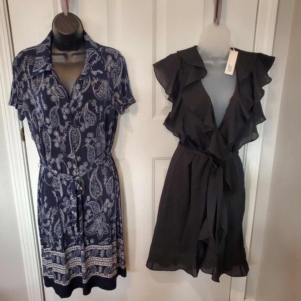Navy Paisley Dress and Black Faux Wrap Dress